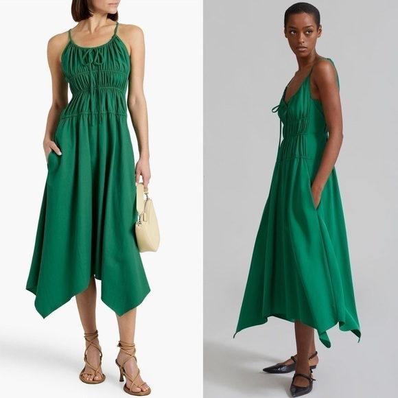 PROENZA SCHOULER Emerald Crepe Ruched Smocked Tie Front Sleeveless Midi Dress 10 - Picture 8 of 16